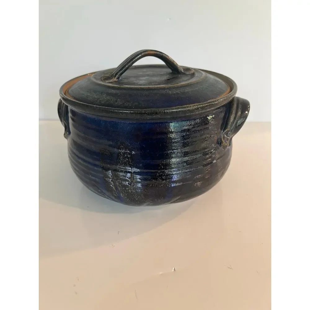Rare Vintage Richard Sanderson Toad Hill Pottery NH Casserole Pot w Lid Blue JL